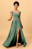 A Line Off the Shoulder Ruched Long Chiffon Bridesmaid Dress with Slit