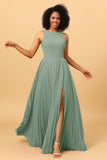 A Line High Neck Pleated Long Chiffon Bridesmaid Dress with Ruffles