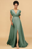 A Line V-Neck Floor Length Chiffon Bridesmaid Dress with Slit