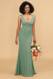 Mermaid V-neck Open Back Long Chiffon Bridesmaid Dress With Ruffles