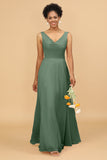 A Line V Neck Backless Chiffon Long Bridesmaid Dress