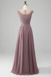 Blush A-Line Round Neck Pleated Sparkly Sequin Prom Dress With Beading