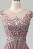 Blush A-Line Round Neck Pleated Sparkly Sequin Prom Dress With Beading