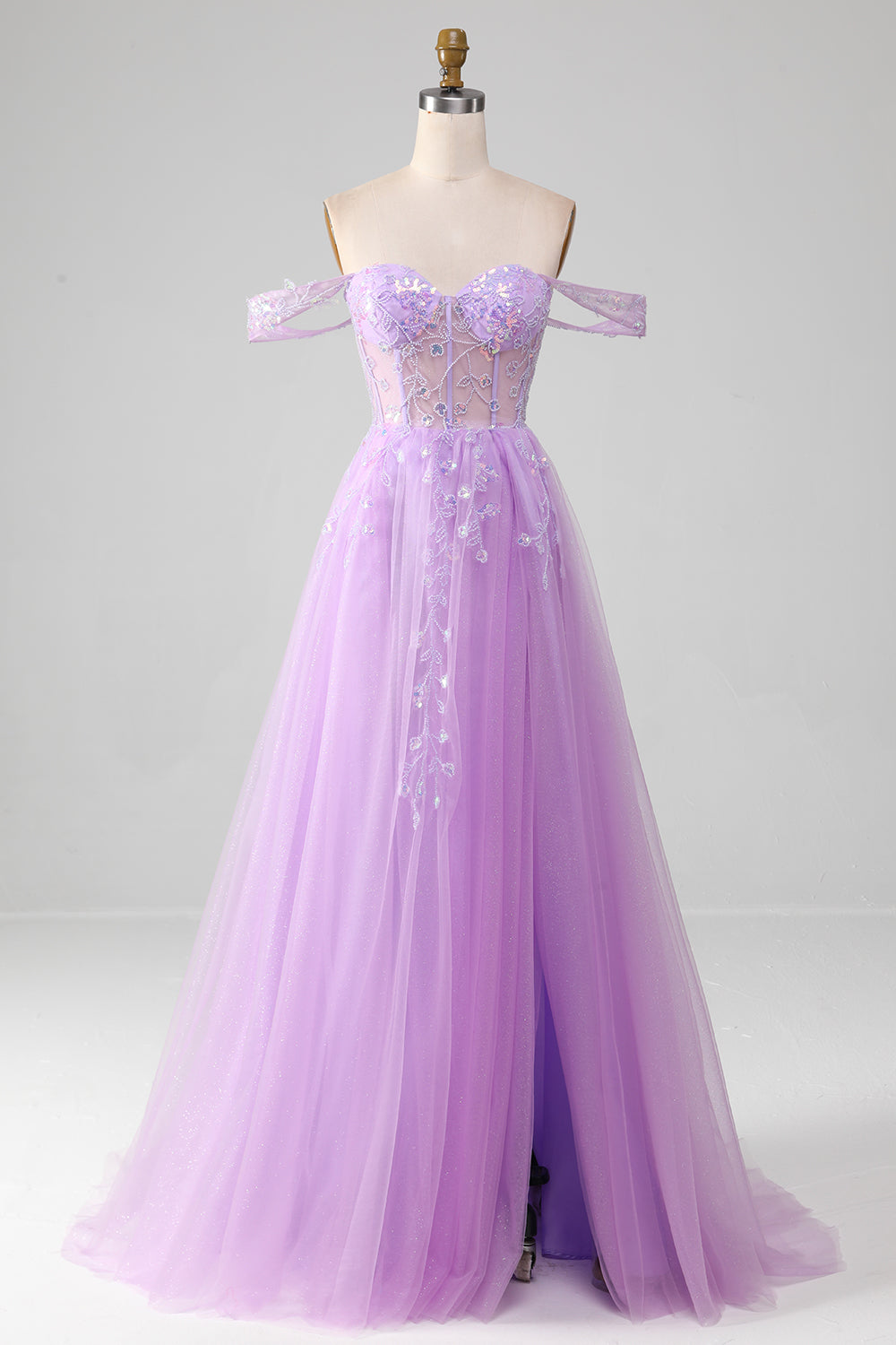 Lavender A Line Off the Shoulder Sequin Tulle Prom Dress with Slit