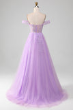 Lavender A Line Off the Shoulder Sequin Tulle Prom Dress with Slit