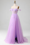 Lavender A Line Off the Shoulder Sequin Tulle Prom Dress with Slit