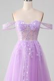 Lavender A Line Off the Shoulder Sequin Tulle Prom Dress with Slit