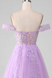 Lavender A Line Off the Shoulder Sequin Tulle Prom Dress with Slit