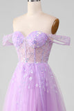 Lavender A Line Off the Shoulder Sequin Tulle Prom Dress with Slit