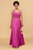 A Line V Neck Backless Chiffon Long Bridesmaid Dress