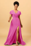 A Line V-Neck Ruched Chiffon Bridesmaid Dress with Slit