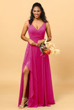 A Line V Neck Floor Length Chiffon Bridesmaid Dress With Slit