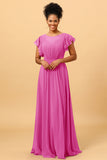 A Line Bateau Neck Ruched Long Chiffon Bridesmaid Dress with Ruffles