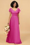 V-Neck Cape Long Floor Length Chiffon Bridesmaid Dress