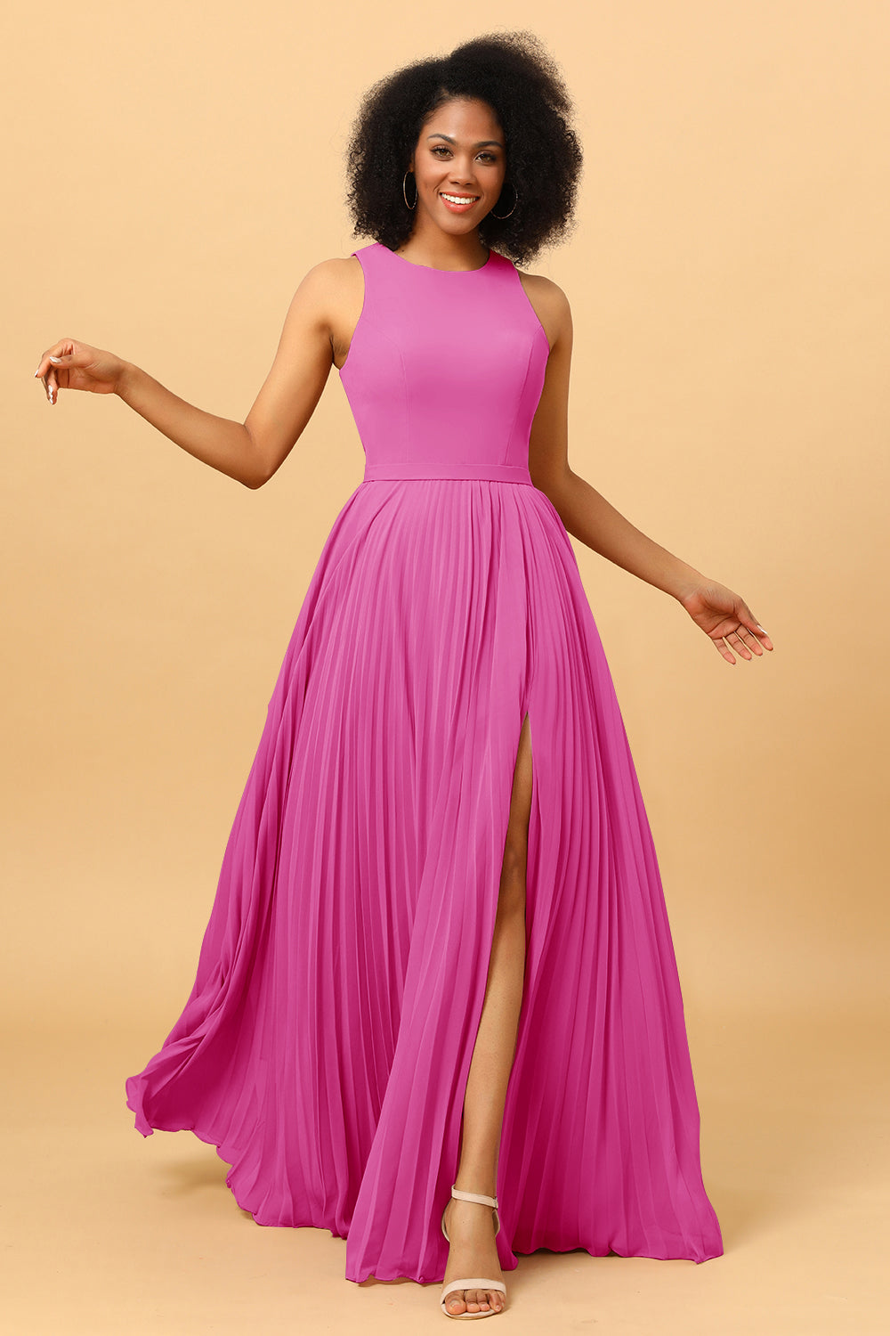 Wedtrend Women A Line High Neck Pleated Long Chiffon Bridesmaid Dress with Ruffles Formal Dress, Watermelon