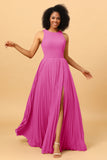 A Line High Neck Pleated Long Chiffon Bridesmaid Dress with Ruffles