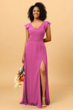 A Line V Neck Strapless Long Chiffon Bridesmaid Dress With Slit