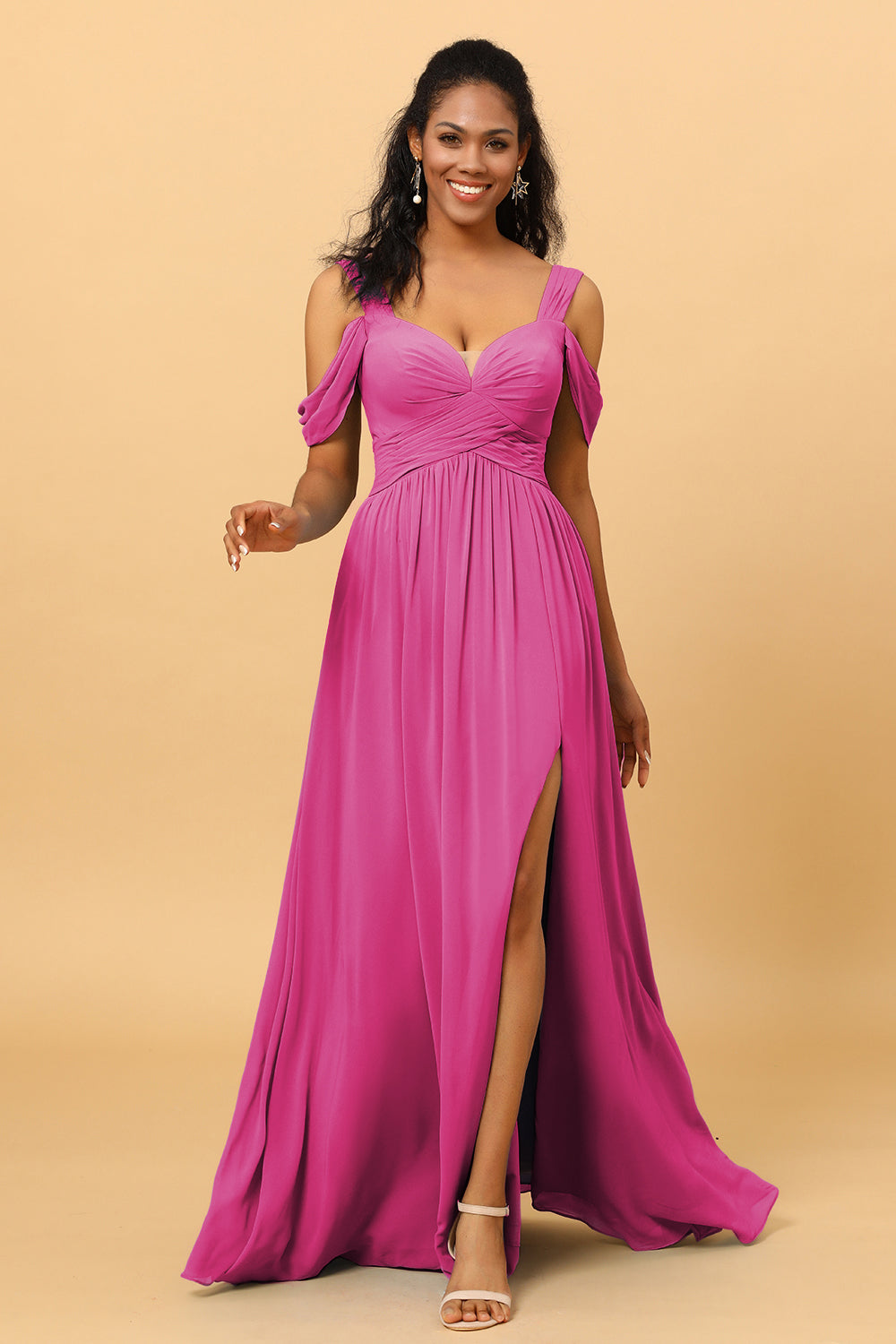Wedtrend Women Bridesmaid Dress A Line V Neck Cold Shoulder Chiffon Formal Wedding Party Dress with Slit WEDTREND