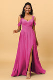 A Line V Neck Cold Shoulder Chiffon Bridesmaid Dress with Slit