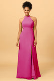 Sheath Halter Floor Length Open Back Chiffon Bridesmaid Dress with Slit