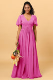 A Line V Neck Short Sleeves Chiffon Long Bridesmaid Dress