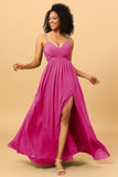 A Line Spaghetti Straps Ruched Long Chiffon Bridesmaid Dress with Slit