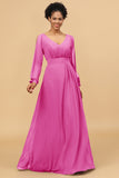 Long Sleeves V-Neck Chiffon Bridesmaid Dress with Bowknot