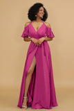 A Line Halter Cold Shoulder Chiffon Bridesmaid Dress with Slit