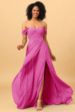 A Line Off the Shoulder Ruched Chiffon Bridesmaid Dress with Slit