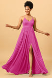 A Line Spaghetti Straps Ruched Chiffon Long Bridesmaid Dress with Slit