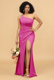 Mermaid One Shoulder Satin Long Bridesmaid Dress with Slit