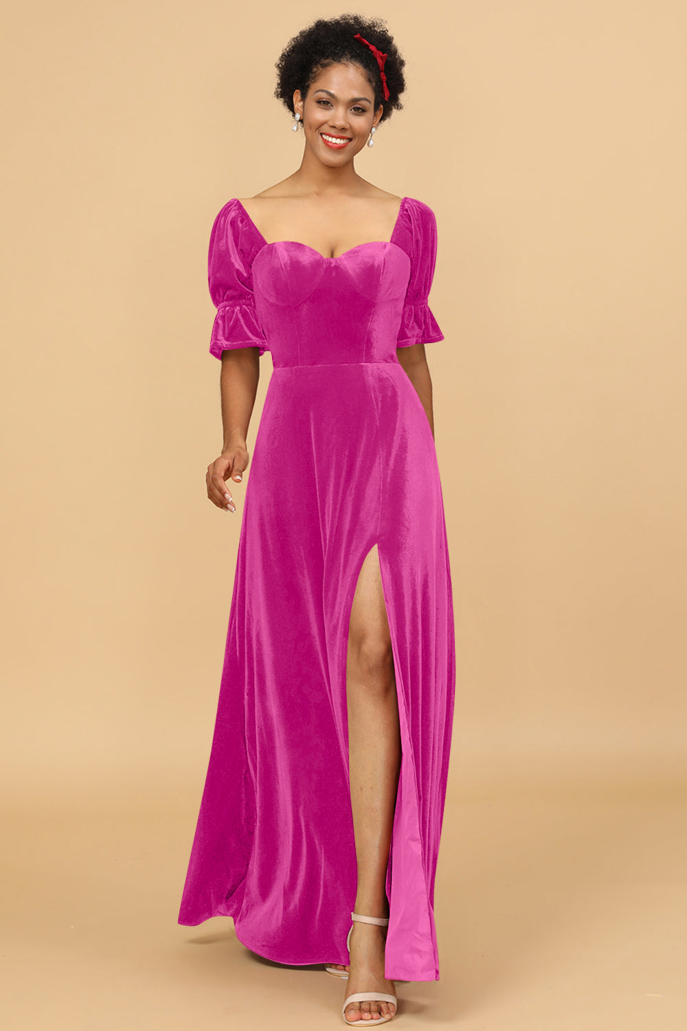 Wedtrend Women Bridesmaid Dress A Line Sweetheart Flare Sleeves Velvet Wedding Party Formal Evening Dress with Slit WEDTREND Wedtrend Women Bridesmaid Dress A Line Sweetheart Flare Sleeves Velvet Wedding Party Formal Evening Dress with Slit WEDTREND