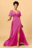 A Line V-Neck Long Chiffon Bridesmaid Dress with Slit