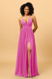 A Line V Neck Spaghetti Straps Chiffon Bridesmaid Dress with Slit