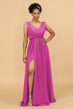 A Line Ruched V-Neck Sleeveless Chiffon Bridesmaid Dress with Slit