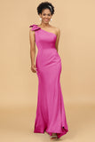 Mermaid One Shoulder Satin Long Bridesmaid Dress With Bowknot