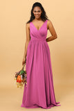 A Line V Neck Pleated Floor Length Long Chiffon Bridesmaid Dress