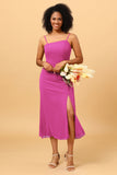 Sheath Spaghetti Straps Midi Chiffon Bridesmaid Dress with Slit