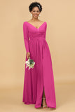 A Line V-Neck Long Sleeves Chiffon Bridesmaid Dress with Slit