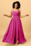 Ruched Long Floor Length Chiffon Bridesmaid Dress with Slit