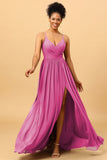 A-Line Spaghetti Straps Ruched Long Chiffon Bridesmaid Dress with Slit