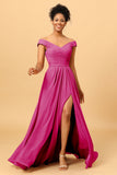 A Line Off the Shoulder Ruched Long Chiffon Bridesmaid Dress with Slit