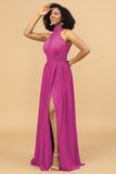 A Line Halter Ruched Floor Length Chiffon Bridesmaid Dress with Slit