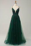 Green A Line Spaghetti Straps Long Prom Dress with Criss Cross Back