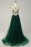 Green A Line Spaghetti Straps Long Prom Dress with Criss Cross Back