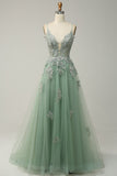 A Line Spaghetti Straps Long Dark Green Prom Dress with Criss Cross Back