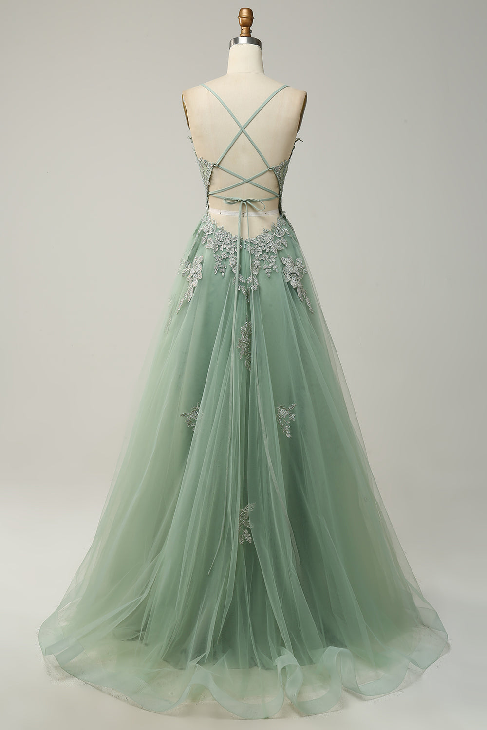 Green A Line Spaghetti Straps Long Wedding Party Dress with Criss Cross Back