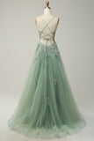 Green A Line Spaghetti Straps Long Prom Dress with Criss Cross Back