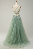 Green A Line Spaghetti Straps Long Wedding Party Dress with Criss Cross Back
