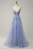 A-Line Grey Blue Spaghetti Straps Prom Dress with Appliques